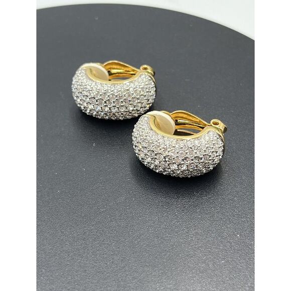 Swarovski Vintage Swan Signed Pave Crystal Rhinestone Clip Ons Hoop Earrings - Picture 13 of 16